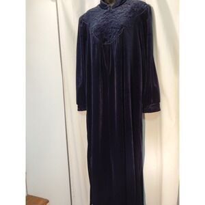 Vintage Jasmine Rose Womens Velour Robe Embroidered Navy Housecoat Lounger XL